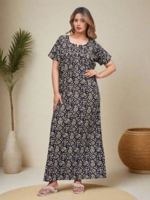 Blue Front Long Zipper Cotton Nighty Night Gown Indoor Wear Comfortable Paisley Printed Night Kurti with Mobile Pocket