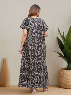 Blue Front Long Zipper Cotton Nighty Night Gown Indoor Wear Comfortable Paisley Printed Night Kurti with Mobile Pocket