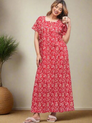 Red Front Long Zipper Cotton Nighty Night Gown Indoor Wear Comfortable Paisley Printed Night Kurti with Mobile Pocket