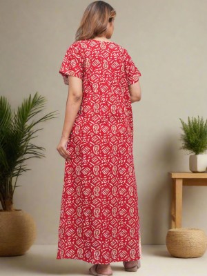 Red Front Long Zipper Cotton Nighty Night Gown Indoor Wear Comfortable Paisley Printed Night Kurti with Mobile Pocket