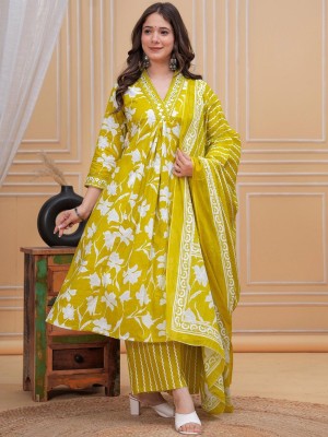 Yellow Floral Print Sequence Work on Neck Cotton Kurti Pant Dupatta Set For Women