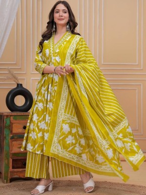Yellow Floral Print Sequence Work on Neck Cotton Kurti Pant Dupatta Set For Women