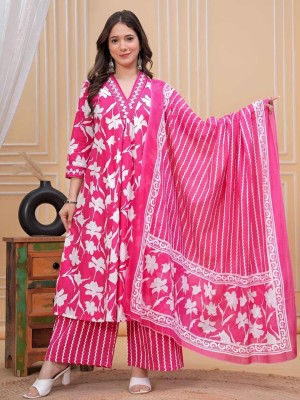 Pink Floral Print Sequence Work on Neck Cotton Kurti Pant Dupatta Set For Women