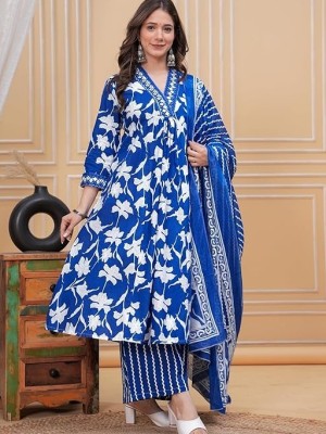 Blue Floral Print Sequence Work on Neck Cotton Kurti Pant Dupatta Set For Women