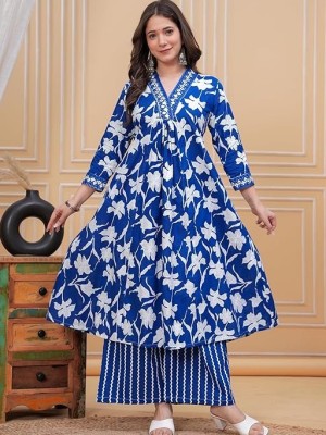 Blue Floral Print Sequence Work on Neck Cotton Kurti Pant Dupatta Set For Women