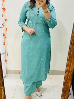 Teal Green Full Embroidery Work Straight Fit Pure Cotton Kurti Pant Set For Women