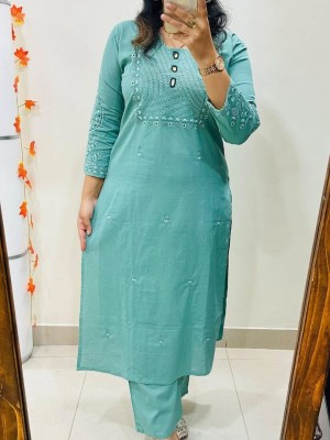 Teal Green Full Embroidery Work Straight Fit Pure Cotton Kurti Pant Set For Women