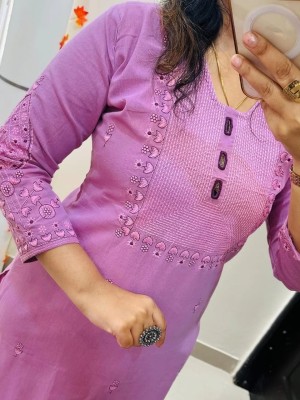 Lavender Full Embroidery Work Straight Fit Pure Cotton Kurti Pant Set For Women