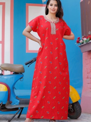 Red Cotton Nighty Night Gown Indoor Wear Comfortable Printed Night Kurti