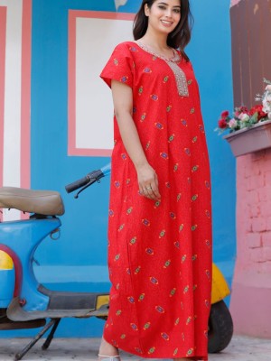 Red Cotton Nighty Night Gown Indoor Wear Comfortable Printed Night Kurti