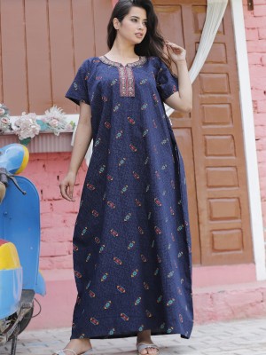 Navy Blue Cotton Nighty Night Gown Indoor Wear Comfortable Printed Night Kurti Maxi
