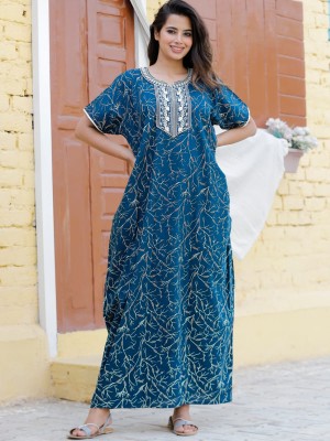 Blue Cotton Nighty Night Gown Indoor Wear Comfortable Printed Night Kurti Maxi