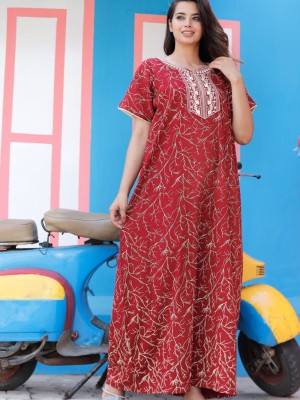 Red Cotton Nighty Night Gown Indoor Wear Comfortable Printed Night Kurti Maxi