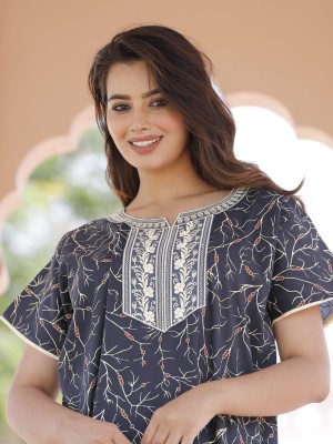 Navy Blue Cotton Nighty Night Gown Indoor Wear Comfortable Printed Night Maxi Kurti