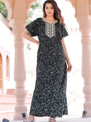 Dark Green Cotton Nighty Night Gown Indoor Wear Comfortable Printed Night Maxi Kurti