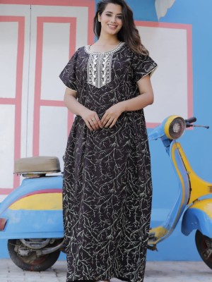 Black Cotton Nighty Night Gown Indoor Wear Comfortable Printed Night Maxi Kurti