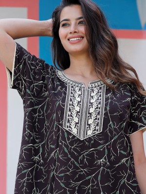 Coffee Brown Cotton Nighty Night Gown Indoor Wear Comfortable Printed Night Maxi Kurti
