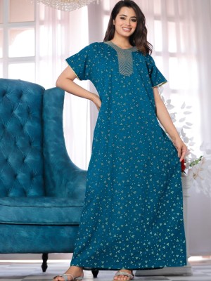 Blue Cotton Nighty Night Gown Indoor Wear Comfortable Printed Night Kurti Maxi