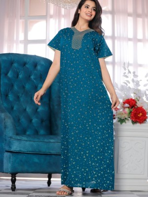 Blue Cotton Nighty Night Gown Indoor Wear Comfortable Printed Night Kurti Maxi