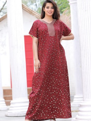 Red Cotton Nighty Night Gown Indoor Wear Comfortable Printed Night Kurti Maxi