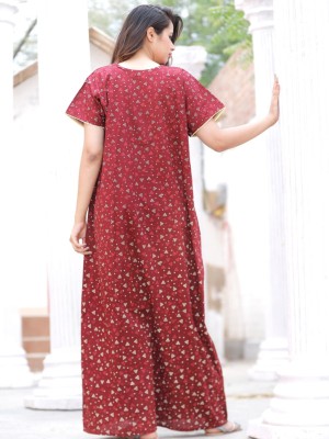 Red Cotton Nighty Night Gown Indoor Wear Comfortable Printed Night Kurti Maxi
