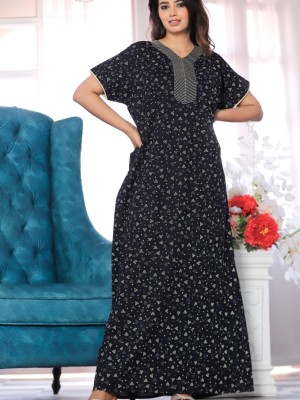 Navy Blue Cotton Nighty Night Gown Indoor Wear Comfortable Printed Night Maxi Kurti