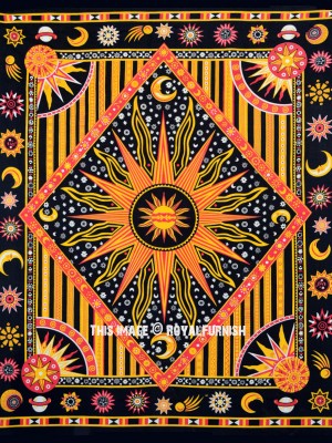 Psychedelic Mystic Celestial Burning Sun Tapestry Crescent Moon & Planet Stars Wall Hanging -  King Size