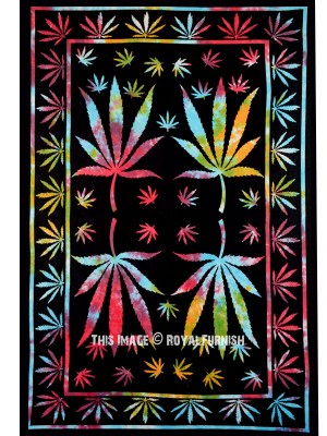 Hippie Black Multi Tie Dyed Marijuana Leaf Tapestry Weed Print Wall Hanging