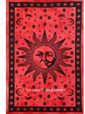 Psychedelic Red Sun Face Tapestry Indian Boho Celestial Energy Mystic Wall Hanging