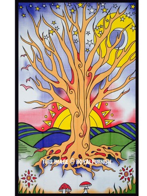 Twilight Desert Tree Under Starry Sky & Sun Tapestry Boho Printed Wall Hanging