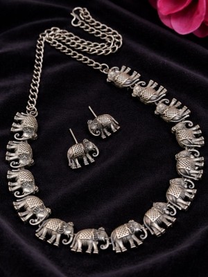 Royal Indian Elephant Vintage Look Choker Oxidized Silver Necklace Combo Earring Set