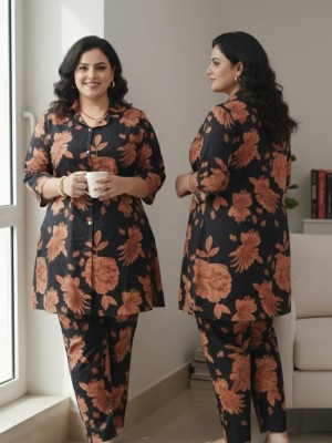 Black & Red Floral Printed Everyday Wear Cotton Collared Kurti Pant Cord Set For Women