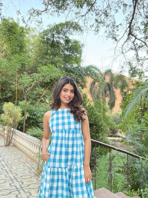 Blue Handmade Gingham Cotton Midi Dress Sleeveless Summer Sundress Flare Cotton Checkered Kurti Gown