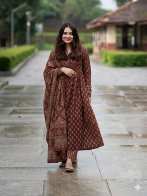 Brown Anarkali Style Ajrakh Print V-Neck With Sequin Work Cotton Kurti Pant with Dupatta (Set Of 3)