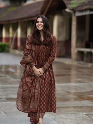 Brown Anarkali Style Ajrakh Print V-Neck With Sequin Work Cotton Kurti Pant with Dupatta (Set Of 3)