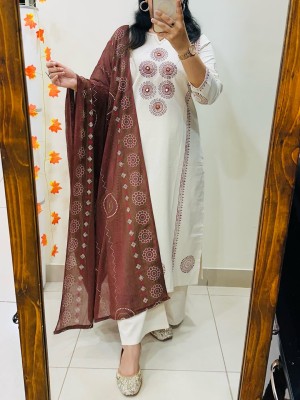 Nazma White And Brown Block Print And Mirror Work Straight Fit Cotton Kurti Pant with Dupatta (Set Of 3)