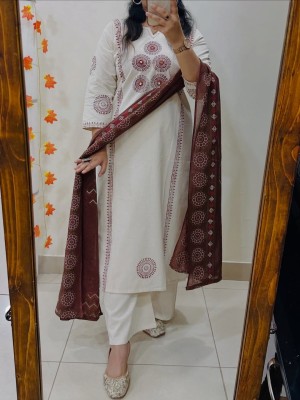 Nazma White And Brown Block Print And Mirror Work Straight Fit Cotton Kurti Pant with Dupatta (Set Of 3)