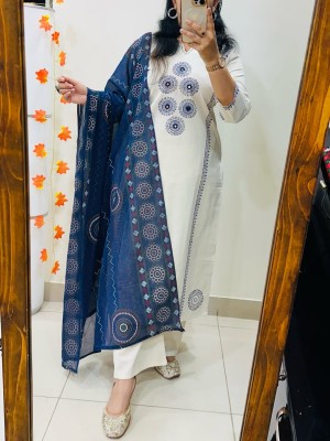 Nazma White And Blue Block Print And Mirror Work Straight Fit Cotton Kurti Pant with Dupatta (Set Of 3)
