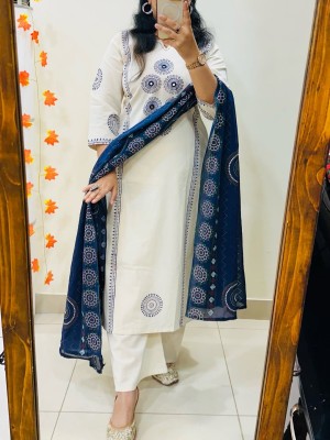 Nazma White And Blue Block Print And Mirror Work Straight Fit Cotton Kurti Pant with Dupatta (Set Of 3)