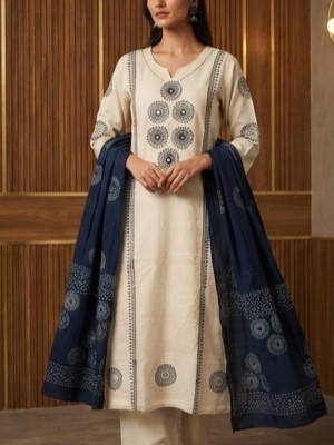 Nazma White And Blue Block Print And Mirror Work Straight Fit Cotton Kurti Pant with Dupatta (Set Of 3)