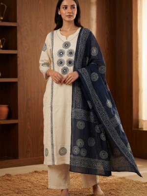 Nazma White And Blue Block Print And Mirror Work Straight Fit Cotton Kurti Pant with Dupatta (Set Of 3)