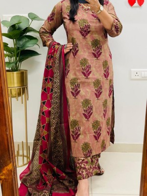Zoya Ajrakh Floral Print Sequin Work V-Neck Straight Fit Cotton Kurti Pant with Dupatta (Set Of 3)