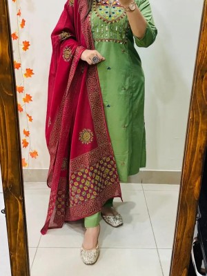 Pista Green Heavy Embroidery and Mirror Work Straight Fit Cotton Kurti Pant with Contrasting Red Dupatta 