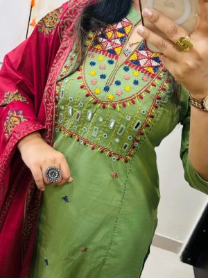 Pista Green Heavy Embroidery and Mirror Work Straight Fit Cotton Kurti Pant with Contrasting Red Dupatta 