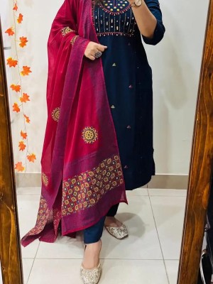 Blue Heavy Embroidery and Mirror Work Straight Fit Cotton Kurti Pant with Contrasting Red Dupatta 