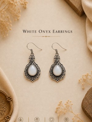 White Onyx Silver Plated Tear Drop Natural Gemstone Earrings Vintage Boho Jewelry Gift for her