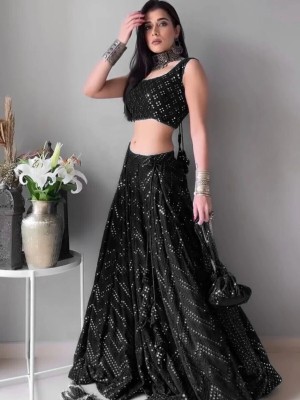 Black Embroidered Semi Stitched Lehenga Choli Ethnic Designer Lehenga Dupatta Set