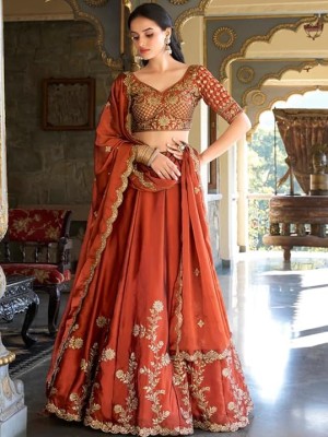 Rust Orange Elegant Ethnic Embroidered Lehenga Dupatta Set Designer Semi Stitched Lehenga Choli