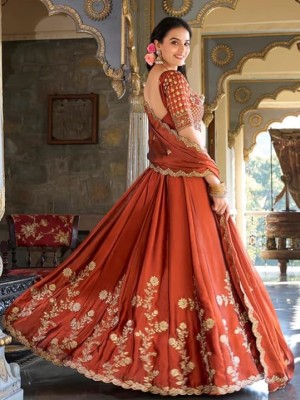 Rust Orange Elegant Ethnic Embroidered Lehenga Dupatta Set Designer Semi Stitched Lehenga Choli