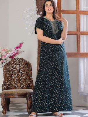 Dark Green Cotton Nighty Night Gown Indoor Wear Comfortable Printed Night Kurti Maxi